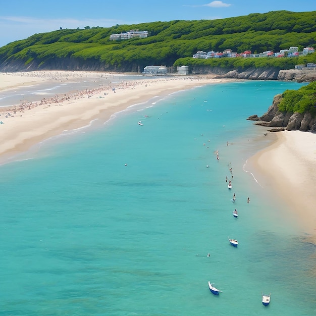 Sommerstrand an einem sonnigen Tag mit blauem Himmel und blauem Ozean, erzeugt von KI