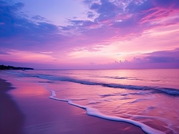 Sommerstrand mit blauem Wasser und violettem Himmel bei Sonnenuntergang