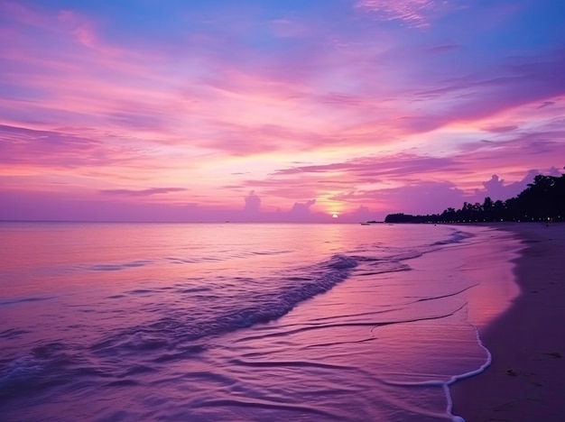 Sommerstrand mit blauem Wasser und violettem Himmel bei Sonnenuntergang