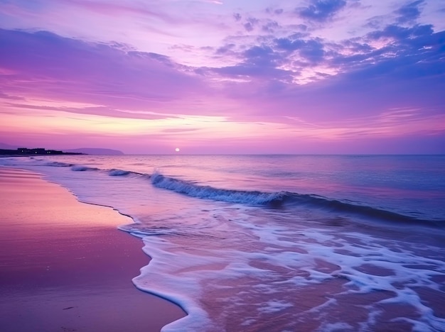Sommerstrand mit blauem Wasser und violettem Himmel bei Sonnenuntergang