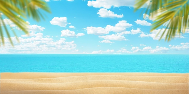 Sommerstrand mit Palmblättern Sandmeer und blauer Himmel mit Wolken Kopieren Sie Platz in der Mitte für Werbetext oder Logo Sommerreisekonzept