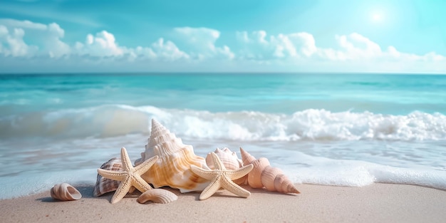 Sommerstrand mit Seestern und Muscheln mit Hintergrund Meer Raum für Text