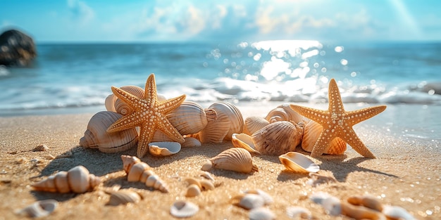 Sommerstrand mit Seestern und Muscheln mit Hintergrund Meer Raum für Text
