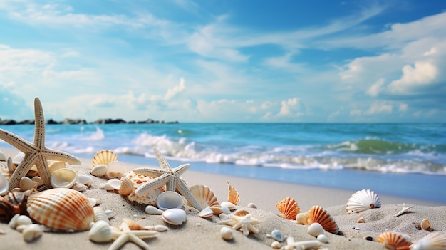 Sommerstrand mit Seesternen und Muscheln