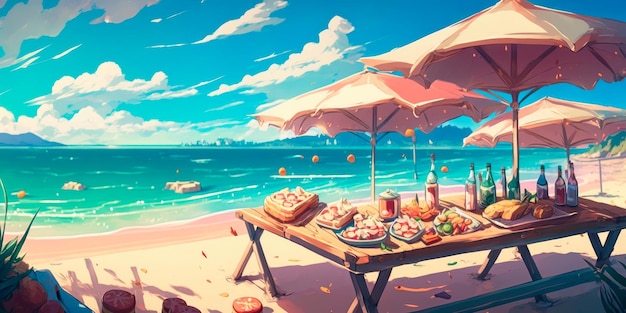 Sommerstrandbar mit Cocktails und Snacks vor dem Hintergrund des offenen Meeres Generative KI