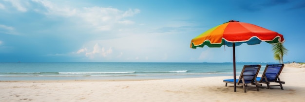 Sommerstühle und Sonnenschirme am tropischen Meer und Strand mit blauem Himmelshintergrund. Generative KI