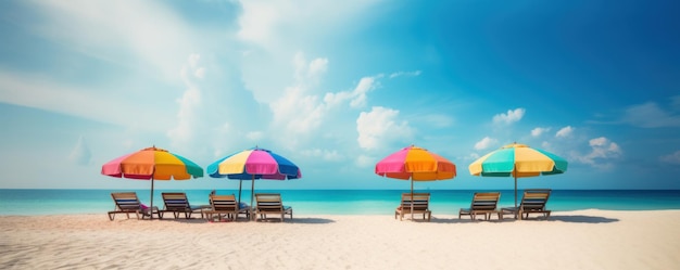 Sommerstühle und Sonnenschirme am tropischen Meer und Strand mit blauem Himmelshintergrund. Generative KI