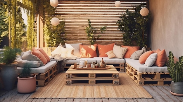 Sommerterrasse oder Outdoor-Loungebereich mit bezauberndem Stil von Generative AI