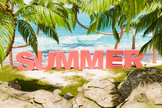 Sommertext im tropischen Strand mit Palmen