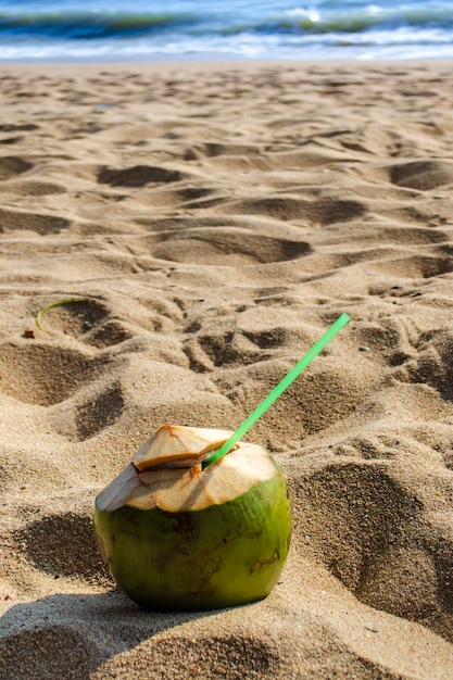 Sommerurlaub am Meer Öffnen Sie die Kokosnuss mit einem Strohhalm am Strand vor dem Hintergrund der Meeresküste die Strandliegen am Meer
