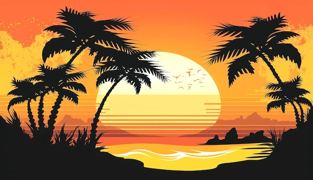 Sommerurlaub-Hintergrund mit Palmen-Silhouetten am tropischen Strand bei Sonnenuntergang, generative KI