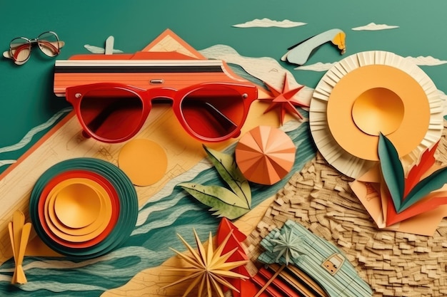 Foto sommerurlaub strandurlaub konzept retro papierkunstcollage generative ki