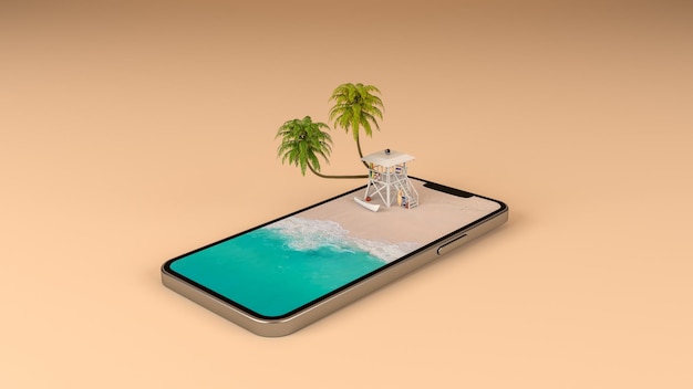 Sommerurlaub Strandurlaub Reiseziel auf Handy-Bildschirm, 3D-Rendering