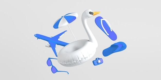Sommerurlaubskonzept mit Swan Float Flip Flops Sonnenbrille und Flugzeug Kopierraum 3D-Darstellung