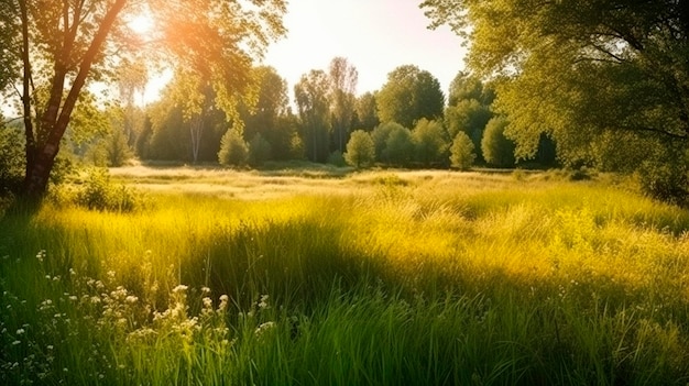 Sommerwarme Landschaft mit grünem Feld und Park