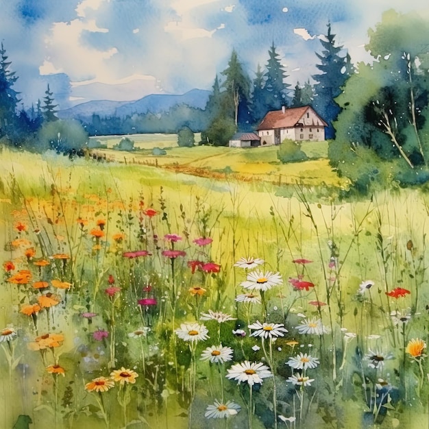 Sommerwiese-Aquarell-Hintergrund Illustration AI GenerativexA