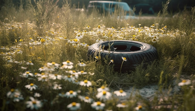 Sommerwiese, grüne Landschaft, Reifenverschmutzung, verlassene Autoschönheit, erzeugt durch künstliche Intelligenz