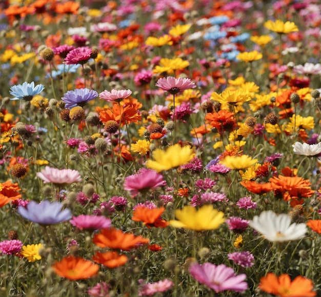 Sommerwiese mit verschiedenen bunten Blumen, flache Feldtiefe