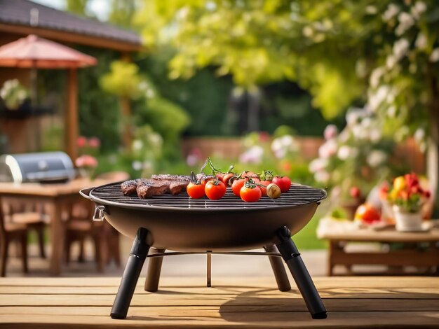 Sommerzeit im Hinterhof Garten mit Grill BBQ Holztisch verschwommenen Hintergrund