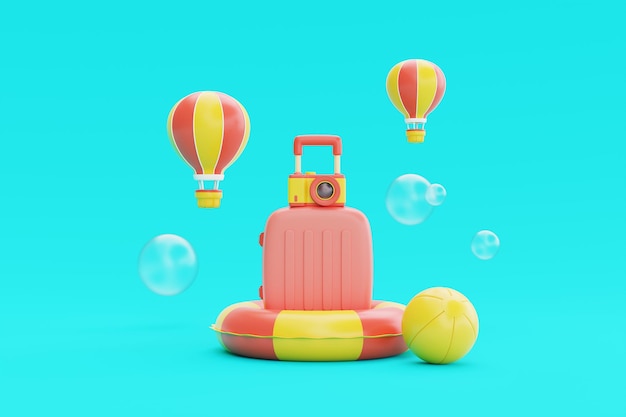 Sommerzeit-Konzept Koffer mit Strandelementen, aufblasbarem Ringball und Heißluftballon, schwimmender Urlaub und Urlaub 3D-Rendering