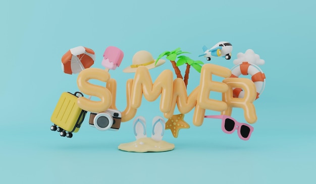 Sommerzeit-Reisekonzept im 3D-Cartoon-Stil mit Koffer und Reiseaccessoire3D-Rendering