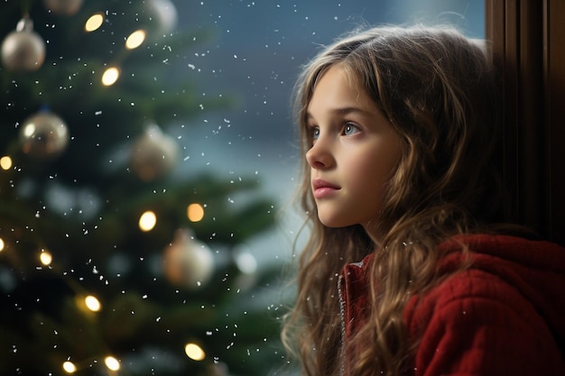 Soñadora mirada de invierno Niño por el árbol de Navidad