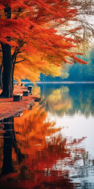 Soñadores y románticos árboles de color naranja junto al río