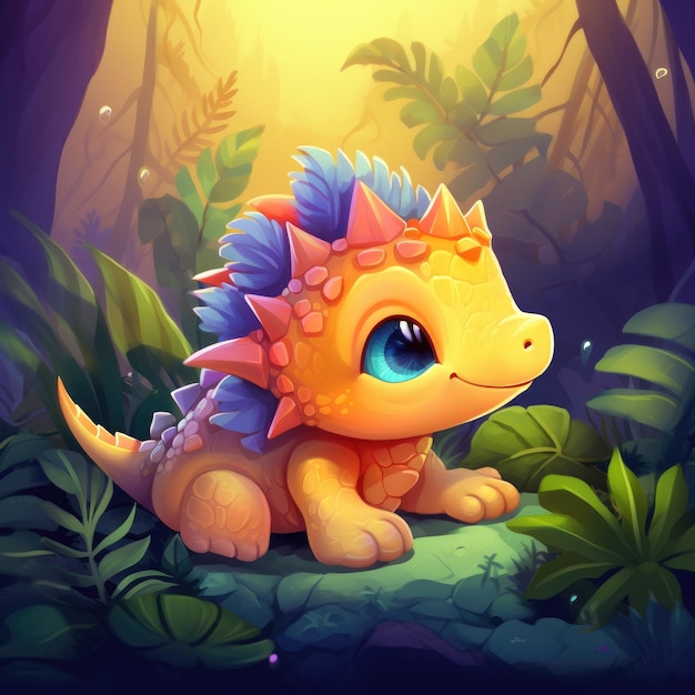Soñando en la selva tropical Un sueño colorido para el lindo bebé dinosaurio bajo el sol