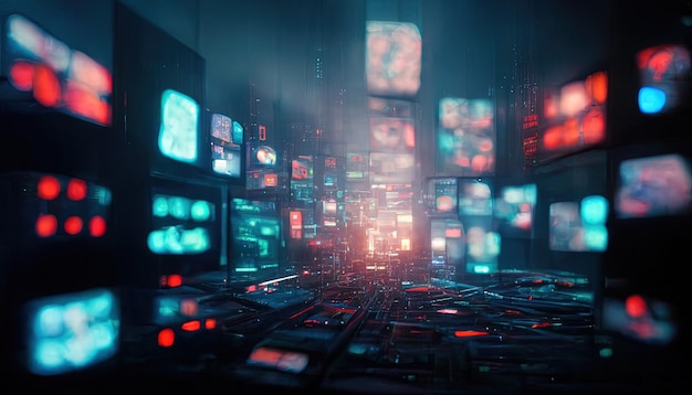 Soncept de ambiente virtual e ciberespaço conjunto de telas brilhantes e local de trabalho de equipamentos de rede de hacker ou programador fundo desfocado em ilustração 3D estilo cyberpunk Ai render