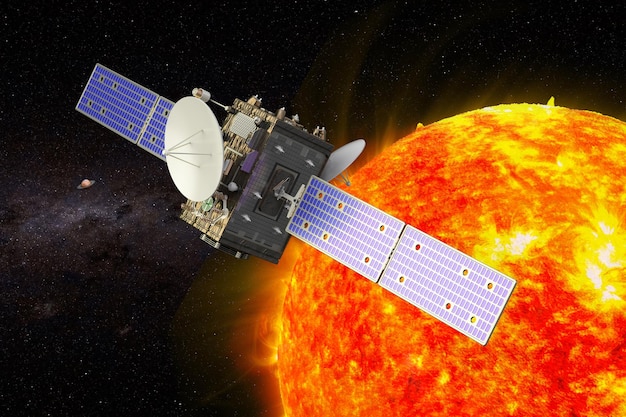 Sonda solar orbitando Sun 3D rendering