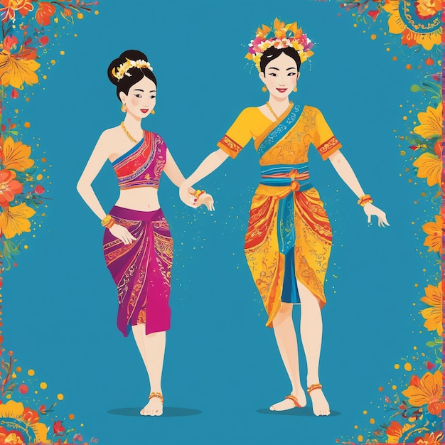 songkran dos mujeres con vestidos tradicionales tailandeses bailando con flores a su alrededor