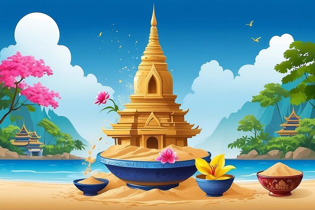 Songkran festival de Tailandia agua en cuenco pila de arena con flor tailandesa juego femenino