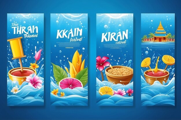 Songkran-Festival Thailand in diesem Sommer Banner-Design auf Wasser-Splash-Blau-Hintergrund