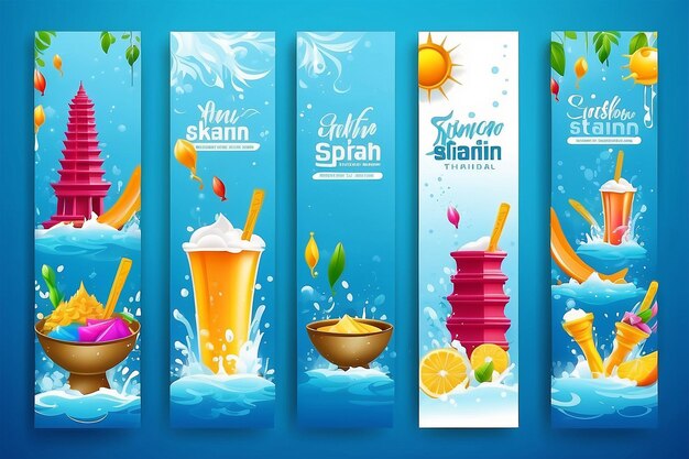 Songkran-Festival Thailand in diesem Sommer Banner-Design auf Wasser-Splash-Blau-Hintergrund