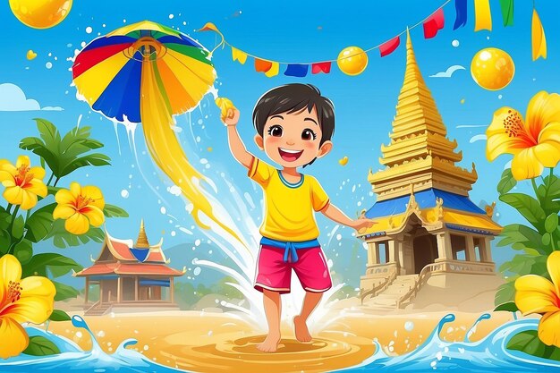 Songkran-Festival Thailand Thai-Blüten mit Kind, das mit Wasser spielt, die Sonne lächelt