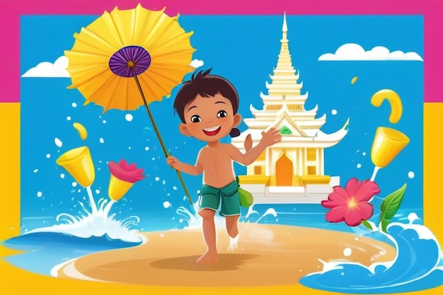 Songkran-Festival Thailand Thai-Blüten mit Kind, das mit Wasser spielt, die Sonne lächelt