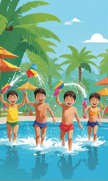 Songkran-Kinder spielen im Pool