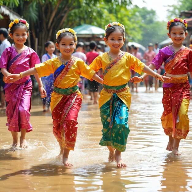 Songkran-Kinder spielen im Wasser