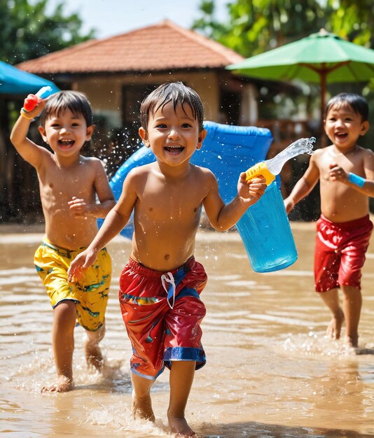 Songkran-Kinder spielen im Wasser