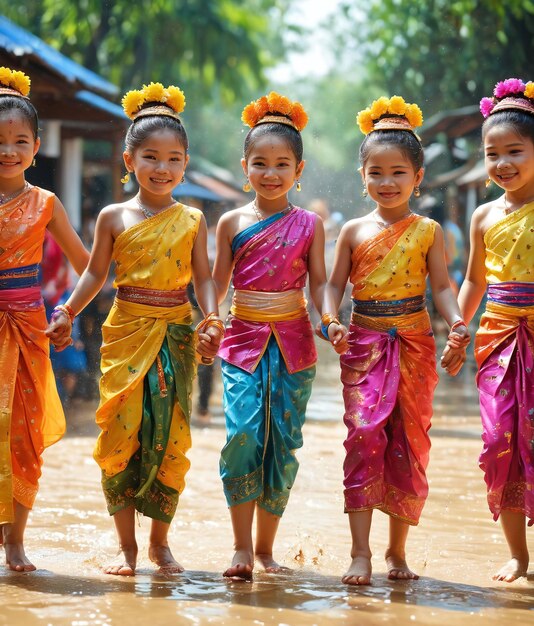 Songkran-Kinder spielen im Wasser