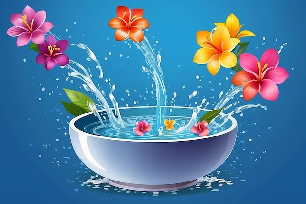 Songkran Tailandia Flores tailandesas en un cuenco de agua con salpicaduras de agua sobre un fondo azul