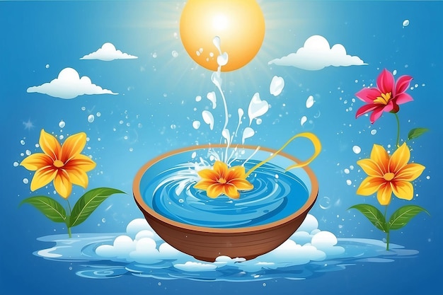 Songkran Thailand Festival Blumen in einer Wasserschüssel Wasser spritzt auf Clo