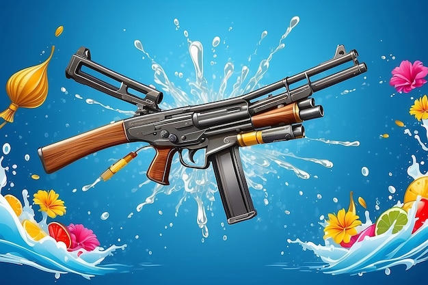 Songkran Travel Thailand Festival-Gun Wasser- und Wasser-Splash-Design auf blauem Hintergrund