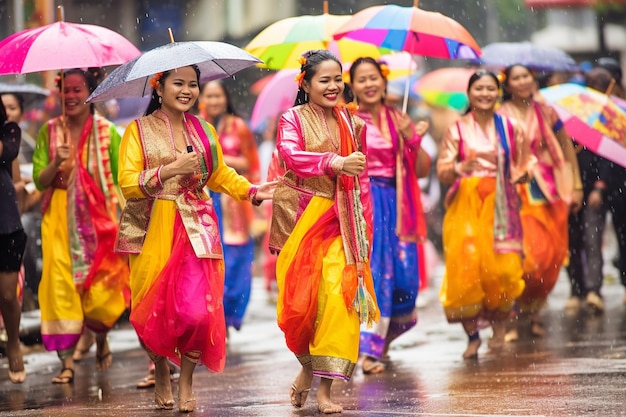 Songkran um grupo de mulheres em trajes tradicionais dançando na chuva