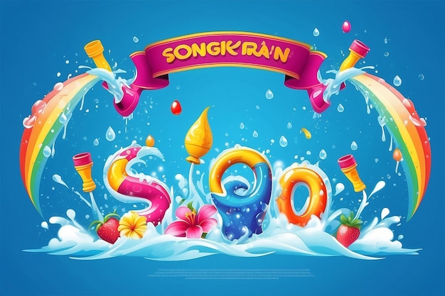 Songkran Wasserfestival Thailand Design mit thailändischem Alphabet Wasserpistole und Wassertropfen