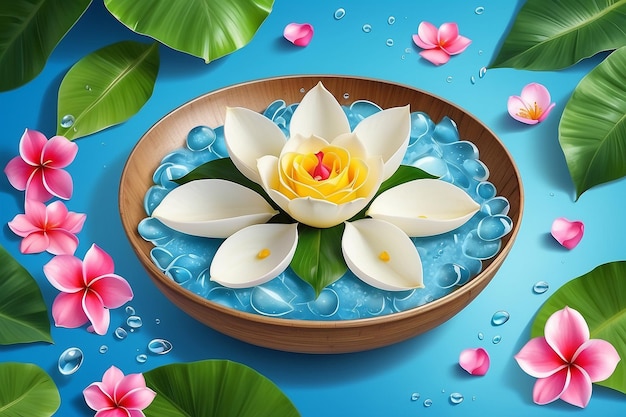 Songkran Wasserfestival Thailand Rosenblätter und Jasminblüte in einer Schüssel auf Bananen