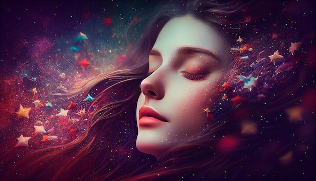 Sonho de mulher abstrata decorado por harmonia e cores infinitas de estrelas no fundo do céu Imaginação de linda garota adormecida Generative AI