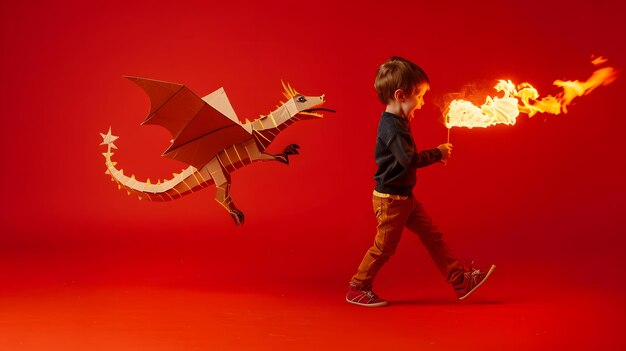 Foto sonhos de infância menino engraçado brinca com um dragão de papelão respirando fogo e andando ia generativa