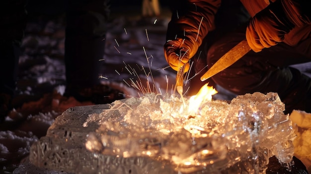 El sonido de los cinceles tallando en el hielo acompañado por el crujido de la cercana fogata d plano