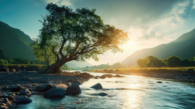 Sonne beleuchtet einen Baum an einem Bergfluss mit Felsen und Morgennebel